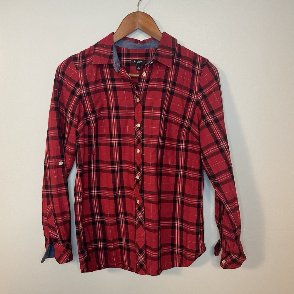 Talbots Red Plaid Metallic Thread Button‎ Shirt 100% Cotton Top Sz Petite Small